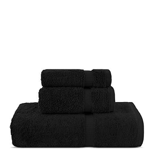 Chakir Turkish Linens Personalized 3 Piece Towel Set, 100% Cotton Luxury Turkish Towels for Bathroom, Soft Absorbent Towel Set with Bath Towel Hand Towel and Washcloth, Black - color: Black