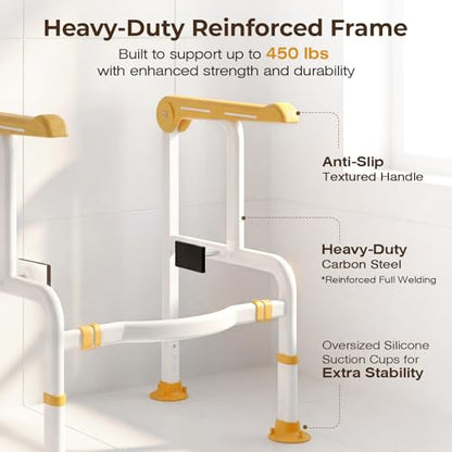 Toilet Safety Rails for Elderly & Disabled with Glow-in-the-Dark Handles, 450 lbs Heavy-Duty Frame, Flip-Up Arms, Dual Lock (Suction & Clamp), Adjustable No-Wobble Support, Yellow - color: Yellow