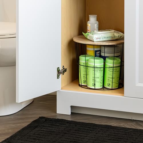 IRIS USA Round Wire Basket with Wooden Lid, 2 Pack | Living Room Bathroom Kitchen Storage, Water Resistant Surface - style: Round- 2 Pack