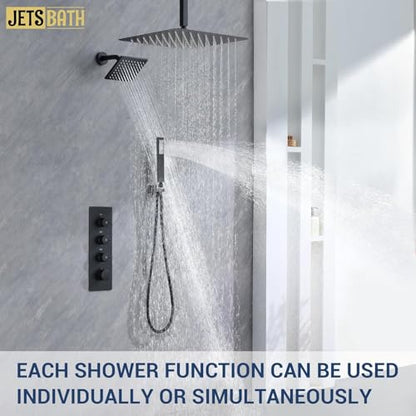 16" Thermostatic Dual Rainfall Head Shower System with Handheld & Valve, 16” Ceiling Shower Faucet Set with 6-Inch Shower Head, JetsBath Matte Black Full Body Shower System for Couples/ 2-Person - color: Matte Black