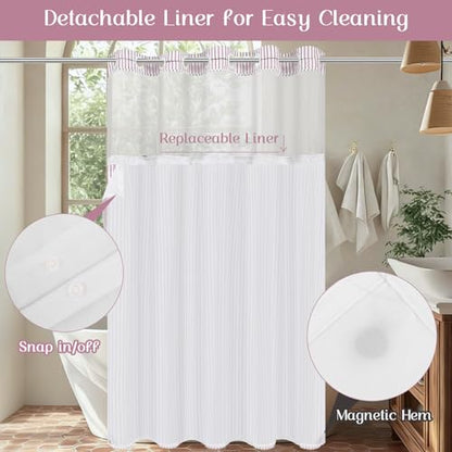 ASPMIZ Farmhouse Striped Shower Curtain and Liner Set No Hook, Pink 71x86 | No Hook Shower Curtain with Snap in Liner Fabric, Rustic Washable Waterproof Bathroom Curtains with Button, Mesh Top Window - color: Pink Striped, size: 71"W x 86"L (Pack of 1), s