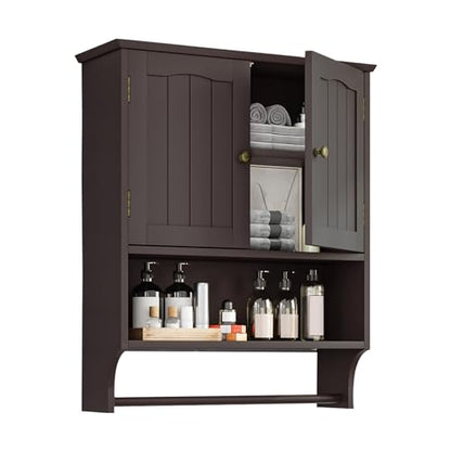 Bathroom Cabinet, Bathroom Wall Cabinet with 2 Doors and Adjustable Shelf, Wooden Medicine Cabinets Wall Mount, Over the Toilet Storage - color: Bathroom Wall Cabinet With Towel Rack-brown