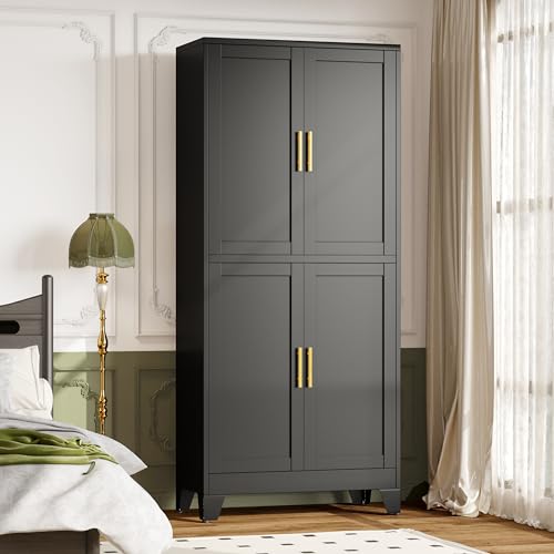 winiowa 75" Tall Kitchen Pantry Cabinet, Metal Storage Cabinet with Doors and Adjustable Shelves, Black Freestanding Pantry Cabinet for Kitchen, Dining Room, Living Room, Laundry Room, Bathroom - color: 4d-black, size: 15.75"D x 31.5"W x 75.2"H
