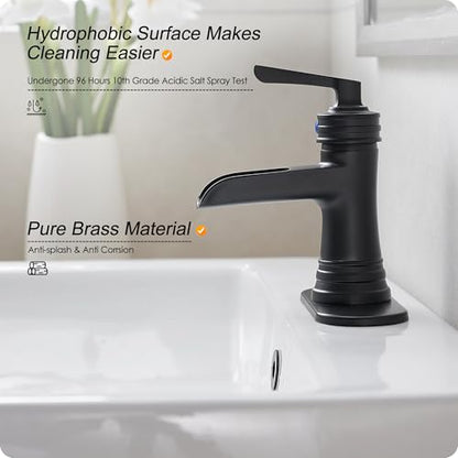 Matte Black Bathroom Faucet 1 Hole, Brass Waterfall Bathroom Faucets 3 Hole 4 Inch Single Handle with Pop-up Drain, Deck Plate, Pre-Installed cUPC Hose for Lavatory, Farmhouse, 5 Mins Install - color: Matte Black