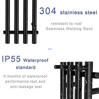 WarmRackCo Electric Heated Towel Rack with Timer - Black, Wall-Mounted Towel Warmer, 4 Vertical Bars, Plug-in or Hardwired, Round Luxury Design