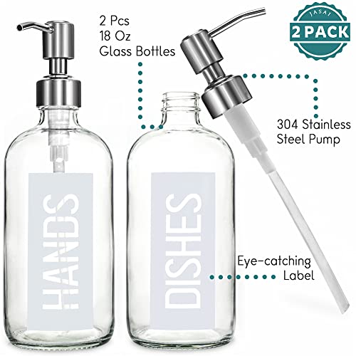 JASAI 2Pack 18OZ Glass Soap Dispenser with Hands & Dishes Printed Label. | Kitchen Soap Dispenser with Rustproof 304 Stainless Steel Pump for Hand Soap & Dish Soap (White) - color: White With White Pump