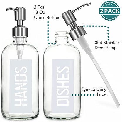 JASAI 2Pack 18OZ Glass Soap Dispenser with Hands & Dishes Printed Label. | Kitchen Soap Dispenser with Rustproof 304 Stainless Steel Pump for Hand Soap & Dish Soap (White) - color: White With White Pump
