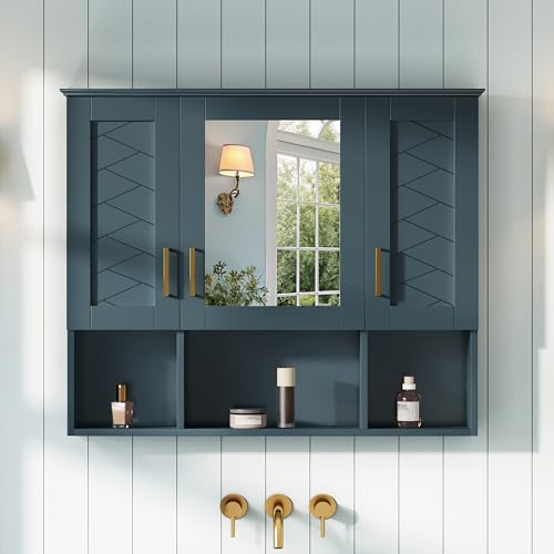 Marzzi Wall Mount Bathroom Medicine Cabinet with Mirror and Open Space | 35" x 28" Mirrored Door Over Toilet Vanity Storage Cabinet Organizer, Adjustable Shelves, Bathroom Wall Cabinet with Mirror - color: Blue, size: 35"