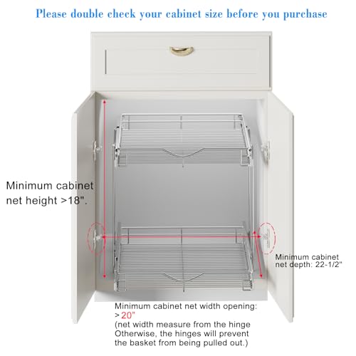 DINDON 2 Tier Pull Out Cabinet Organizer (20" W X 21" D), Double Tier Wire Basket Slide Out Shelf Storage for Kitchen Base Cabinet Organization for Kitchen, Pantry, Bathroom, Chrome - size: 20" W X 21" D