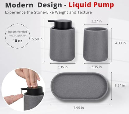Clasin Home Grey Bathroom Accessories Set, 3 Pcs Resin Bathroom Accessories Complete Set, Sandstone Look Soap Dispenser with Large Pump, Toothbrush Cup, Soap Dish for Modern Home Decor and Kitchen