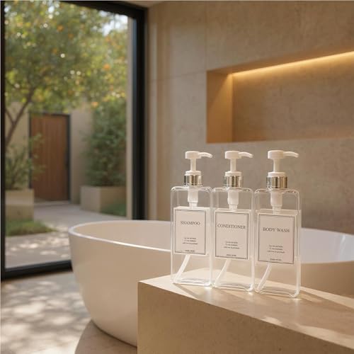 Modern Design Shampoo and Conditioner Dispenser, Large 27oz Shower Soap Dispenser, Set of 3 Refillable Empty Plastic Pump Bottles for Bathroom, 6 Waterproof Labels Included, (Clear & Silver) - color: Clear & Silver