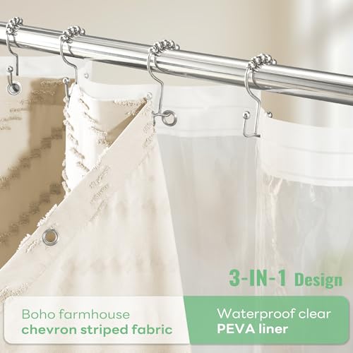 Boho Shower Curtain and Liner Set, Tufted Chevron Textured Tassel Shower Curtains for Bathroom and Waterproof Liner with Hook, 72" W x 78" L (Pack of 1), Beige 1 - color: Beige, size: 72"W x 78"L (Pack of 1)