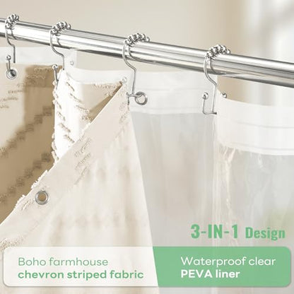 Boho Shower Curtain and Liner Set, Tufted Chevron Textured Tassel Shower Curtains for Bathroom and Waterproof Liner with Hook, 72" W x 78" L (Pack of 1), Beige 1 - color: Beige, size: 72"W x 78"L (Pack of 1)