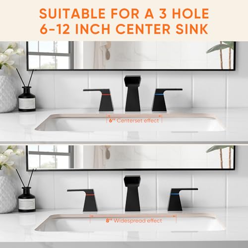Matte Black Waterfall Bathroom Faucet for 3-Hole Sinks 8 Inch Widespread Vanity Faucet with Sculptural Trapezoid Body, Two Handles, Pop-Up Drain & Hoses - color: A - Matte Black