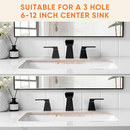 Matte Black Waterfall Bathroom Faucet for 3-Hole Sinks 8 Inch Widespread Vanity Faucet with Sculptural Trapezoid Body, Two Handles, Pop-Up Drain & Hoses - color: A - Matte Black