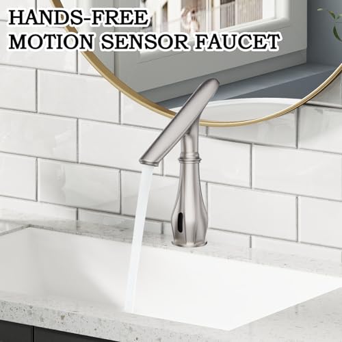 Touchless Bathroom Sink Faucets, Brushed Nickel Bathroom Faucet Single Hole, Automatic Motion Sensor Battery Operated with Cover Plate and Mixing Valve for Commercial and Home - color: Brushed Nickel