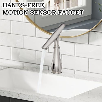 Touchless Bathroom Sink Faucets, Brushed Nickel Bathroom Faucet Single Hole, Automatic Motion Sensor Battery Operated with Cover Plate and Mixing Valve for Commercial and Home - color: Brushed Nickel