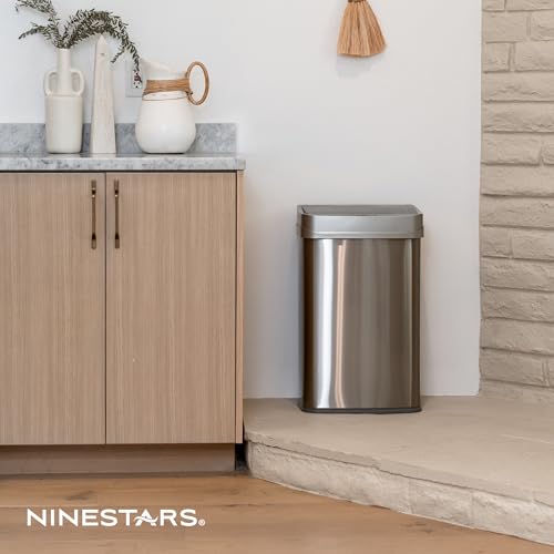 Ninestars 13 Gallon Automatic Trash Can, 50L Touchless Motion Sensor Garbage Can with Odor-Sealing Lid, Rectangular Stainless Steel, Silver Trim - color: Silver Trim