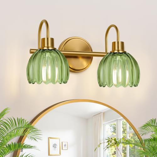 2-Light Bathroom Vanity Light, Brushed Gold Vanity Wall Light Over Mirror with Ribbed Green Tulip Glass Shade, Bathroom Light Fixtures for Bedroom, Living Room, Hallway - color: Brushed Gold - Tulip Green, size: 2-light