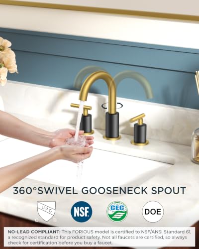 FORIOUS Black and Gold Bathroom Faucet Modern, 3 Hole Bathroom Faucet Black | Gold and Black Bathroom Faucet 3 Holes, 2 Handle Modern Bathroom Vanity Faucet Widespread 8 Inch with 360° Swivel Gooseneck - color: Gold&Black, style: Modern