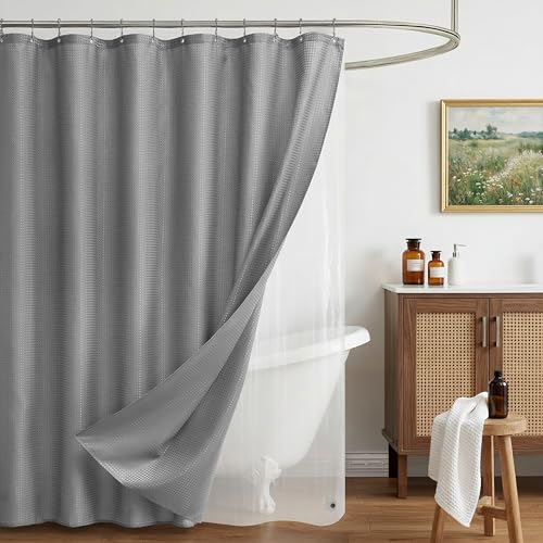 Siiluminisoy Shower Curtain and Liner Set, Waffle Shower Curtain Set with 12 Stainless Steel Hooks, Waterproof Luxury Fabric Shower Curtains for Bathroom and Hotel, Grey, 72" W x 72" H - color: Grey, size: 72"W x 72"L (Pack of 1)