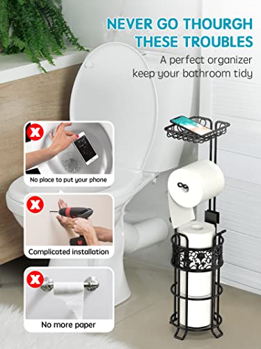 Toilet Paper Holder Stand with Shelf, Free Standing Toilet Paper Roll Dispenser Holds 3 Big Rolls of Jumbo Mega Paper, for RV Bathroom, Floral Pattern, Black - color: Black