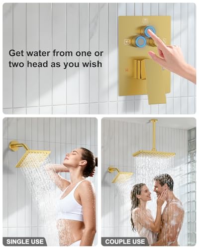 KOJOX Brushed Gold Dual Shower Head System – 11" Ceiling Rainfall + 6" Wall Mount Heads, 6-Mode Handheld Spray, Push-Button Diverter Faucet Set - color: Brushed Gold, size: 6''+11''