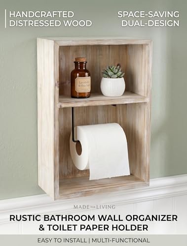 Wall Mount Toilet Paper Holder, Decorative Tissue Paper Roll Dispenser Floating Shelf, Recessed Cubby Box Bracket Cabinet, Storage, Reserve, Organize for Bathroom, Rustic Torch Wood- Grey