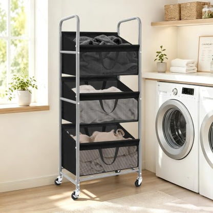 STO STO 3-Tier Vertical Rolling Laundry Hamper, Removable Bags, Black Mesh | 120L Capacity, Space-Saving Vertical Design, Rust-Resistant Steel Frame, Lockable Wheels, Ideal for Apartments & Small Spaces - color: Black Mesh, size: 3-Tier