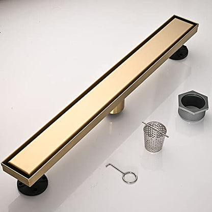 AVSIILE Linear Shower Floor Drain, Brushed Gold 28 Inch 304 Stainless Steel Bathroom Drains Kit, Rectangular Shower Trench Drain with Reversable Tile-in Pattern Drain Cover & Hair Catcher - color: Brushed Gold, size: 28 Inch