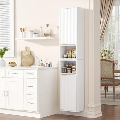 AKMAKM 59.1" Tall Slim Bathroom Storage Cabinet White | Freestanding or Wall Mounted Modular Cabinet, Fluted Panel Linen Tower with Adjustable Shelves for Small Spaces - color: White