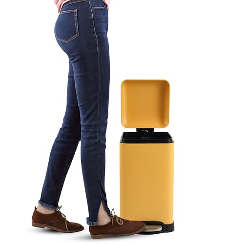 happimess Betty Retro Mini 3.2 Gal Step Trash Can, Daffodil Yellow | Soft-Close Lid, Removable Liner, Iron, Hands-Free Pedal, Satin Finish, Non-Skid Base, Built-In Damper, Modern, Minimalistic - color: Daffodil Yellow
