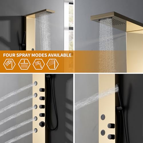 Brushed Gold Stainless Steel Rainfall Shower Panel, Wall Mount Shower Tower, 5 High Pressure Body Jets, Gold - color: Gold