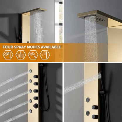 Brushed Gold Stainless Steel Rainfall Shower Panel, Wall Mount Shower Tower, 5 High Pressure Body Jets, Gold - color: Gold