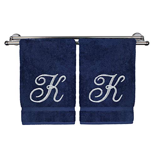 BC BARE COTTON Monogrammed Hand Towel, Navy, 16 x 30 Inches - Set of 2, 100% Turkish Cotton, Extra Absorbent, Soft Terry Finish, Personalized Gift - color: Silver on Navy, style: Initial K