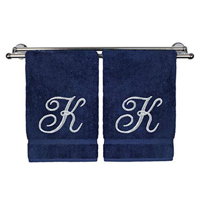 BC BARE COTTON Monogrammed Hand Towel, Navy, 16 x 30 Inches - Set of 2, 100% Turkish Cotton, Extra Absorbent, Soft Terry Finish, Personalized Gift - color: Silver on Navy, style: Initial K