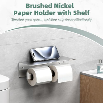 Dual Roll Toilet Paper Holder, Brushed Nickel, 304 Stainless Steel | Multiuse Top Shelf, Air Freshener & Tissue Storage, Space-Saving Wall Design, Home & Office Restroom Use - color: Brushed Nickel, size: Double Rod