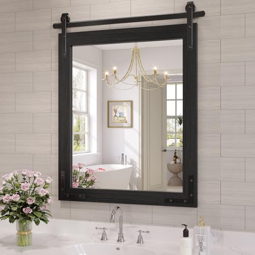Farmhouse Bathroom Mirror, 28"x32" Black Rustic Bathroom Mirrors | HD glass, solid wooded framed, rectangle, explosion-proof, barn door style, anti-rust, for bathroom/bedroom/entryway - color: Black, size: 28"L x 32"W