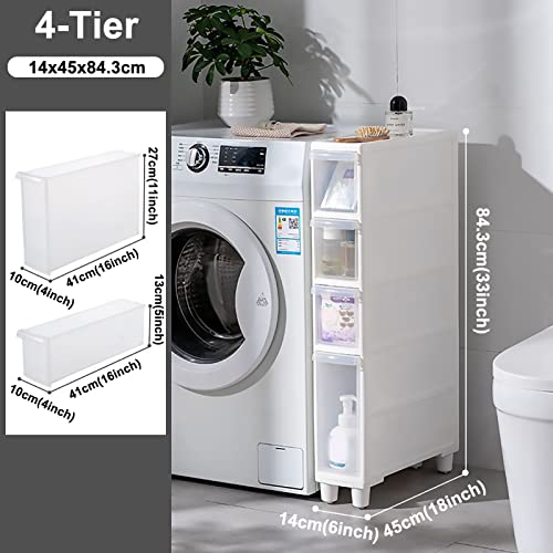 Narrow Tall Floor Cabinet for Bathroom, Vertical Storage Unit with 4 Clear Drawers and Casters, Slim Freestanding Narrow Dresser Tower Storage Drawer Cart, 14cm/22cm Width, Assembly Free