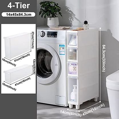 Narrow Tall Floor Cabinet for Bathroom, Vertical Storage Unit with 4 Clear Drawers and Casters, Slim Freestanding Narrow Dresser Tower Storage Drawer Cart, 14cm/22cm Width, Assembly Free