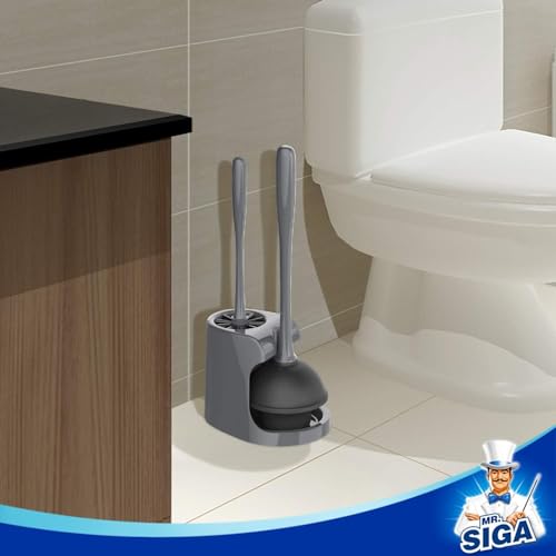 MR.SIGA Toilet Plunger and Brush Combo for Toilet Cleaning, Gray, 2 Set | Heavy duty toilet brush and plunger set, toilet bowl brush and plunger with holder - color: Gray, size: 6.2*8.2*18.1 in