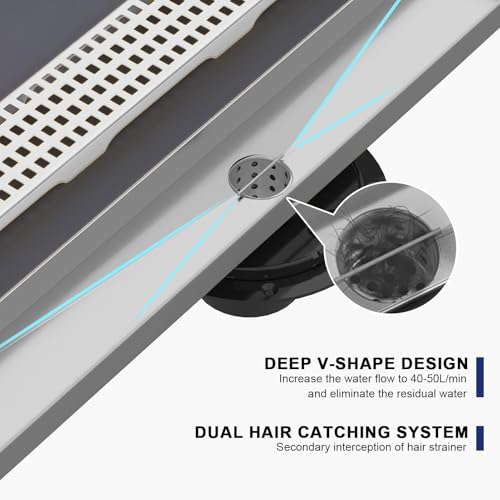 48 Inch Linear Shower Drain - Brushed Nickel, with Removable Grate | AISI 304 Stainless Steel Shower Drain, Long Rectangle Shower Floor Drain with Adjustable Feet, Fits Bathroom & Balcony etc - color: Brushed Nickel, size: 48 in