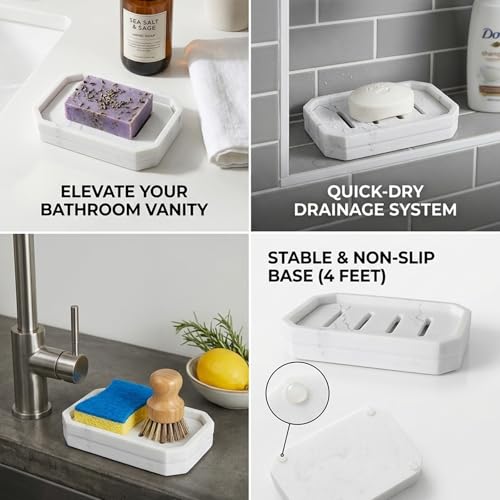 Drainable Soap Dish, Double Layer Resin Soap Holder with Marble-Look, Non-Slip Silicone Feet Soap Saver for Bathroom - color: Marble Look