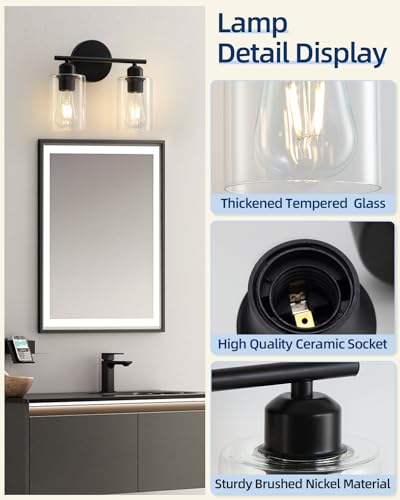 Modern Vanity Lights - Matte Black, Clear Glass Shade, Wall Sconce for Bathroom & Bedroom, 2 Pack - color: Matte Black, size: 2 Light - 2 pack