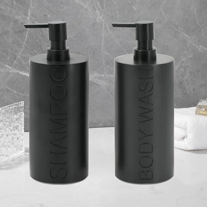 2-Pack Matte Black Resin Refillable Shampoo & Body Wash Bottles – Modern Bathroom Pump Dispenser Set, Durable Resin Shower Containers with Embossed Labels, Reusable Pump Bottle - color: 2pack Black Shampoo and Body Wash Set
