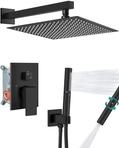 Aolemi Shower System with Rain Head and Handheld,16-Inch,Matte Black | High-Pressure Shower Faucet Set with Dual-Function Handheld,Rough-In Valve,1.8 GPM,Wall-Mount Trim Kit - color: Matte Black, size: 16 Inch