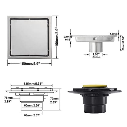 6 Inch Shower Drain Square Brushed Nickel，with Adjustable Drain Flange Kit Base PVC, Removable Grid Strainer Cover and Invisible Floor Insert, SUS304 Stainless Steel - color: Brushed Nickel
