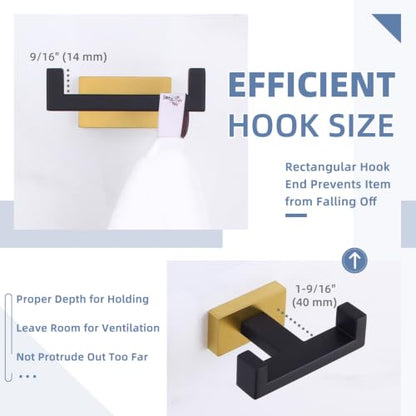 Angle Simple Double Towel Hook Black and Gold, Bathroom Robe Holder, 2 Pack | Stainless Steel Coat Hook, Hand Towel Holder Screw Wall Mount - color: Black & Gold, size: 2 Pack
