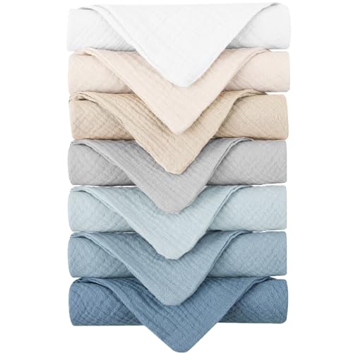 Konssy 7 Pack Muslin Baby Washcloths, Burp Cloths & Wash Cloths for Babies | 11 x 11 In, 100% Cotton, Ultra-Soft & Absorbent, Machine Washable, Baby Bath Towels for Newborns, Girls & Boys (Blue) - color: Blue