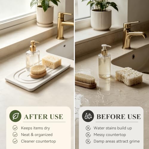 AgePlace Water Absorbing Stone Tray, Stone Sink Tray for Kitchen Counter and Bathroom Countertop, Quick Dry Diatomite Stone Drying Tray, Kitchen Soap Tray, Stone Soap Dish for Hand Soap, Sponge, Cups